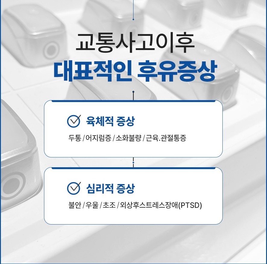 대표적인 후유증상(육편타성손상 설명-교통사고로 목부위에 발생하는 임상적 문제로 경추의 인대,근육,신경 및 연조직 영향을 줌체적-두통·어지럼,소화불량,근육·관절통/심리적-불안,우울,초조,외상후스트레스장애)