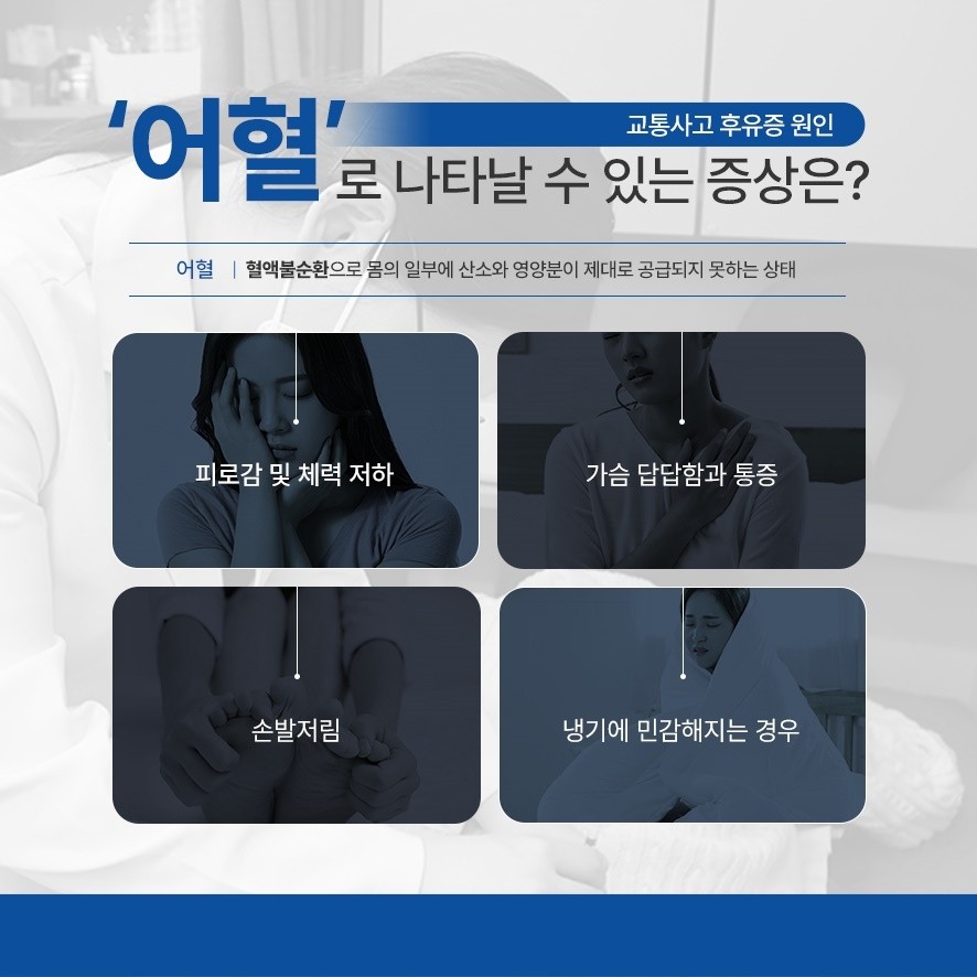 어혈 설명(혈액 불순환으로 몸의 일부에 산소와영양분이 제대로 공급되지 못하는 상태)과 증상(피로감·체력저하,가슴답답함·통증,손발저림,냉기에 민감)