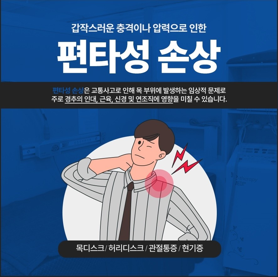 편타성손상 설명-교통사고로 목부위에 발생하는 임상적 문제로 경추의 인대,근육,신경 및 연조직 영향을 줌