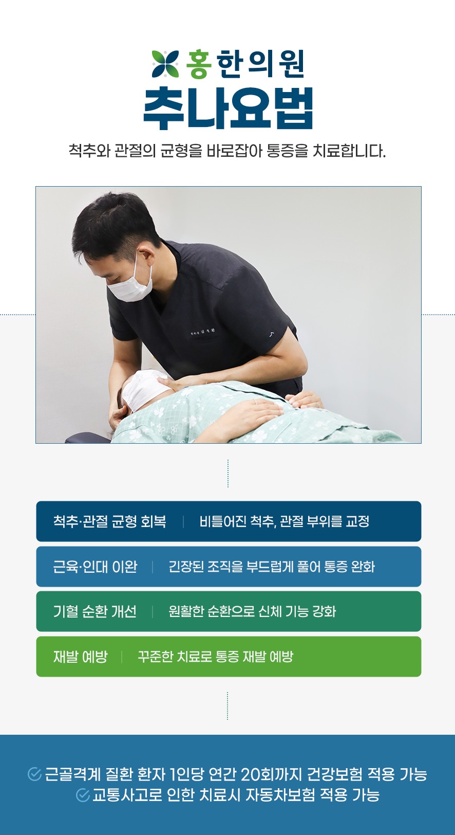 추나요법 설명(척추·관절균형회복,근육·인대이완,기혈순환개선,재발예방), 보험 적용 가능 안내
