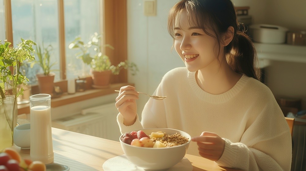 웃으며 샐러드를 먹는 여성